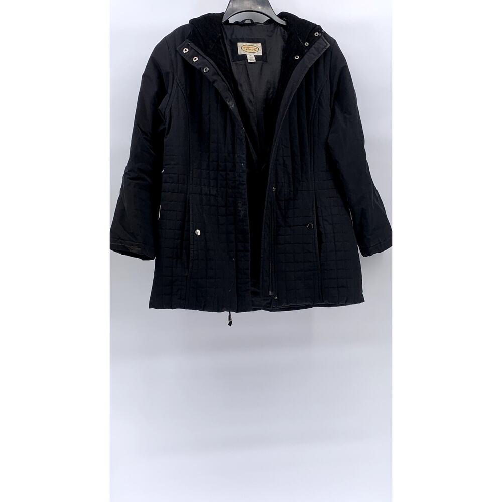 TALBOTS Women's Black Grid Velvet Trim Hooded Zip-Up Jacket SZ S